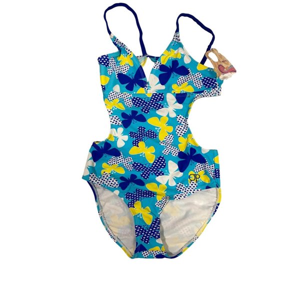OP 1 Piece Swim Suit Girls Size L (10/12) Butterflies Blue - Picture 1 of 6